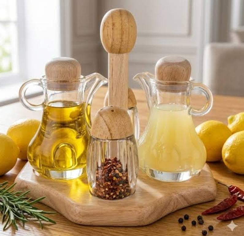 Generic Glass Oil and Vinegar Cruet Set with Wooden Stand, 4 Piece, .soh Bottle