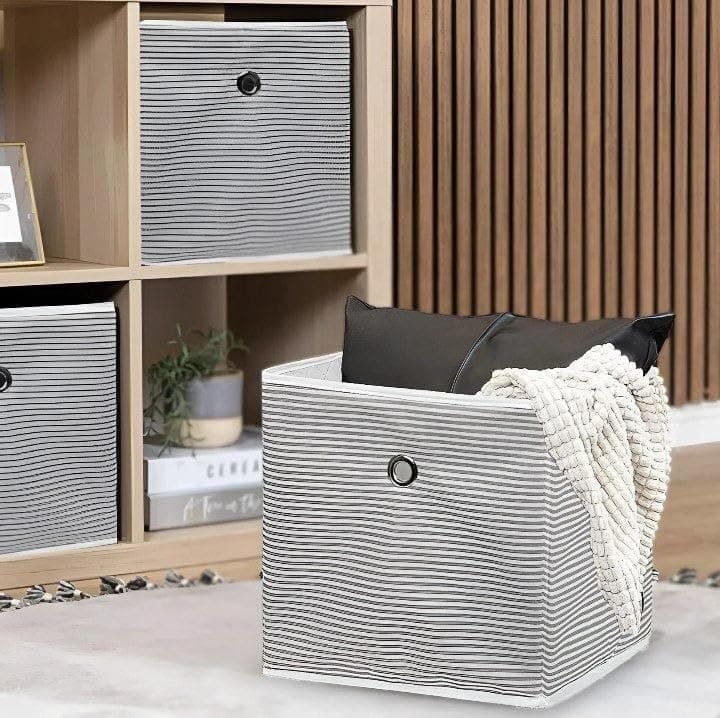 Generic Fabric Storage Cube Basket, White with Stripes, Soft Linen, 30 x 30 cm, for Clothes and Toys, .bI