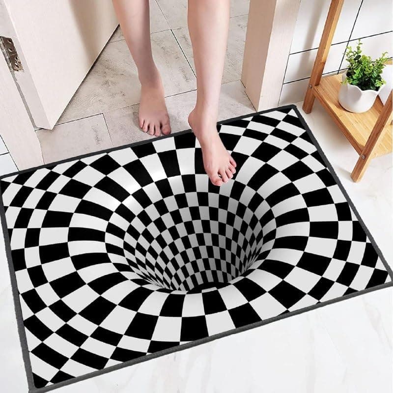 Generic 3D Vortex Illusion Floor Mat, Black and White Checkered, Non-Slip, Water-Absorbent, 40x60 cm, .mk