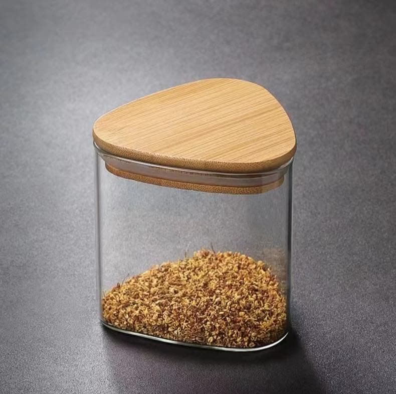 Generic Glass Triangular Storage Jar with Wooden Lid, 350 ml, for Legumes, Spices and Seasonings, .soh