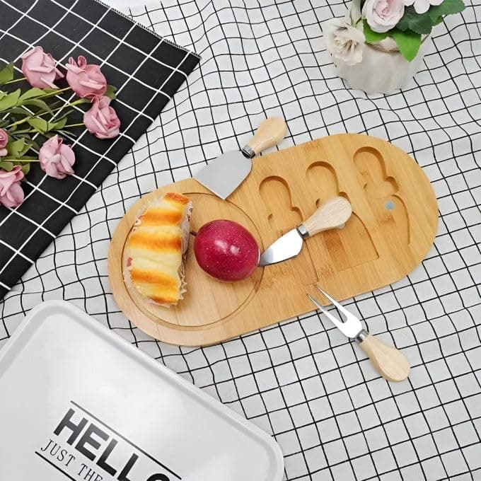 35 cm Oval Bamboo Cheese and Dessert Board Set with 3 Multi-Function Knives 4 Piece Elegant Wooden Platter for Butter, Appetizers, and Entertaining Tray