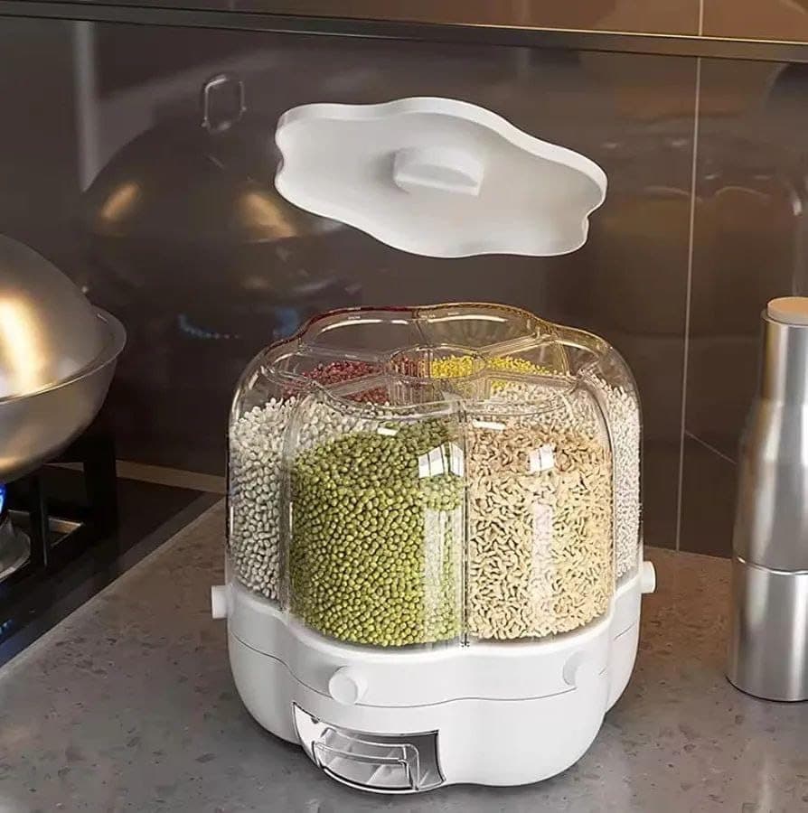 Generic Dry Food/Legume Dispenser, Features 6 movable, transparent acrylic compartments and a fixed white base. Equipped with dispensing buttons, a clear tray, and an lid, .kit