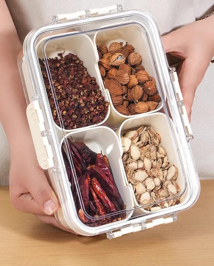 Generic 4-Compartment Food Storage Container with Sealed Lid, Divided Organiser for Refrigerator, Vegetables, Fruit and Spices, .mek