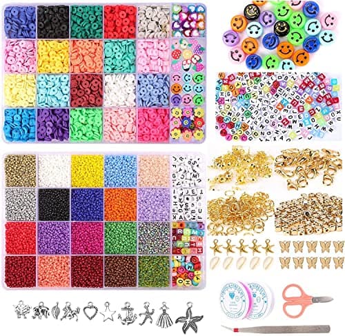 Tiokkss 25000 Pcs Glass Beads Clay Beads for Jewelry Making Kit, Bracelet Making Kit with Smiley Face Bead Letter Beads Charms Pendants, Bead Supplies Art Craft Set for Girl Kids DIY Handmade Gift