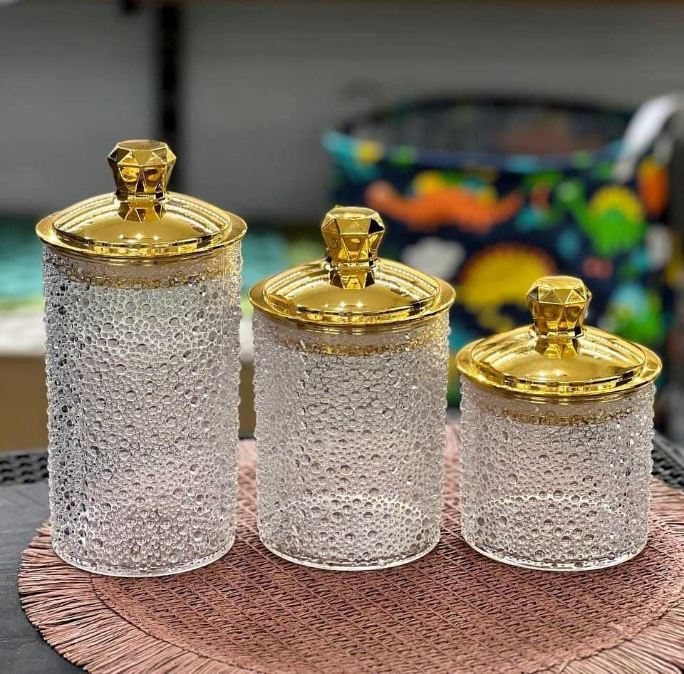 Generic Decorative Acrylic Storage Jars with Gold Lids, Set of 3, Bubble Texture Design, Kitchen Canister Set .A2