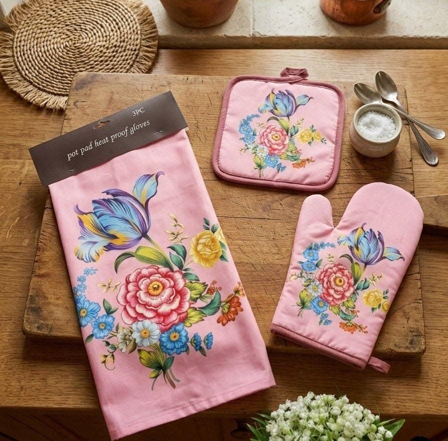 Generic Floral Kitchen Set, Pink, 3 Piece, Oven Mitt, Pot Pad, and Kitchen Towel, Heat Proof, .db