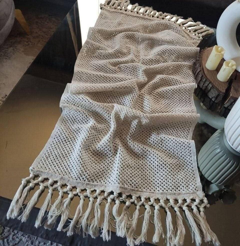 Generic Macrame Table Runner with Tassels, Boho Style, Beige, 160cm x 45cm, .sI