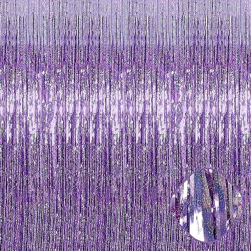3 Pack Foil Fringe Curtains Backdrop, 3.28Ft x 8.2 FT Metallic Tinsel Foil Fringe Streamer Curtains for Photo Booth, Teachers' Day, Bachelorette, Birthday, Wedding Party Decorations(Light Purple)