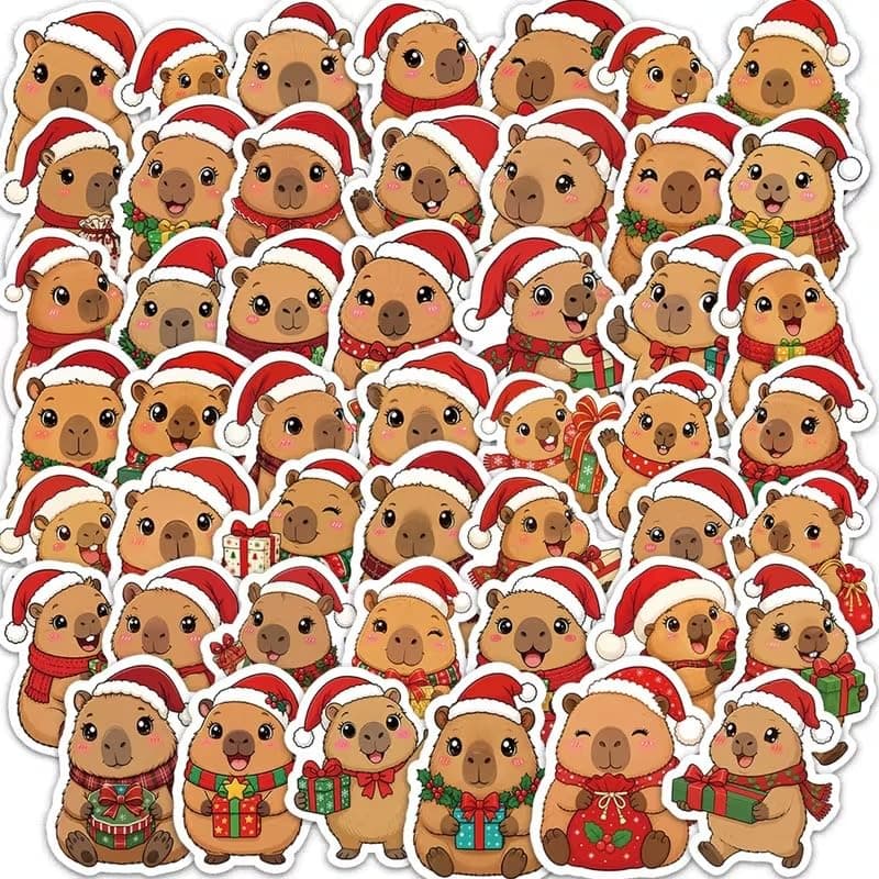 Christmas Capybara Sticker Pack, 3.5-5.5 cm, Multiple Designs | 50 Pieces, Holiday Theme, Scrapbook & Journal Use, Varied Designs, Waterproof Vinyl Sticker decal