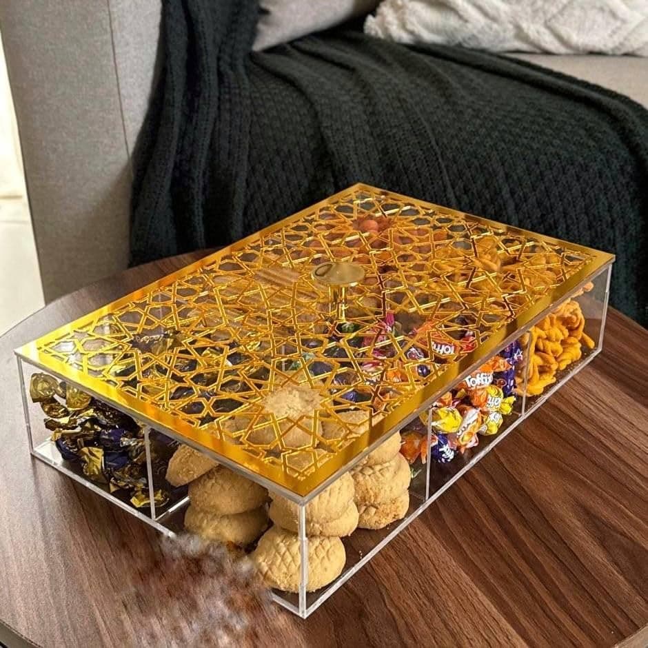 Generic Cookie Box with Gold Arabesque Lid, 6 Compartments, for Cookies, Snacks and Biscuits, 36x24 cm, .ri