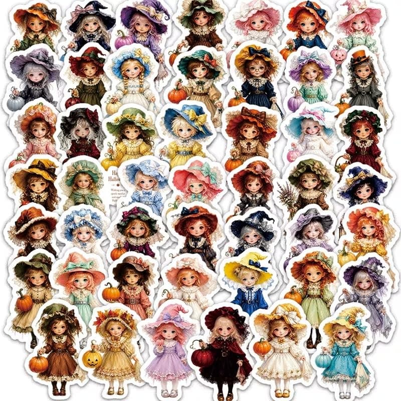 Halloween Witch Doll Stickers Pack, 48 Pcs, 3.5-5.5 cm | Lolita Dress Design, Scrapbooking Use, Varied Designs, Pumpkin Theme, Watercolour Art Style Sticker decal