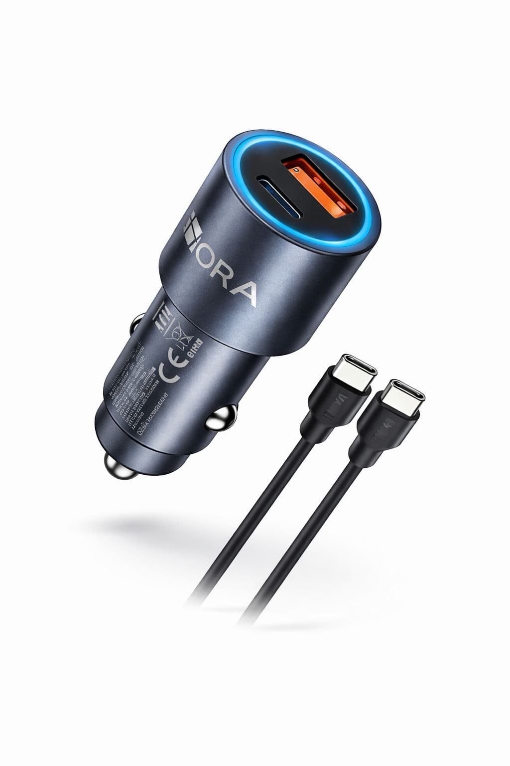 1Hora Car Charger with Cable Type C , 1 Ports , Type C , 38 Watt , Grey - GAR241