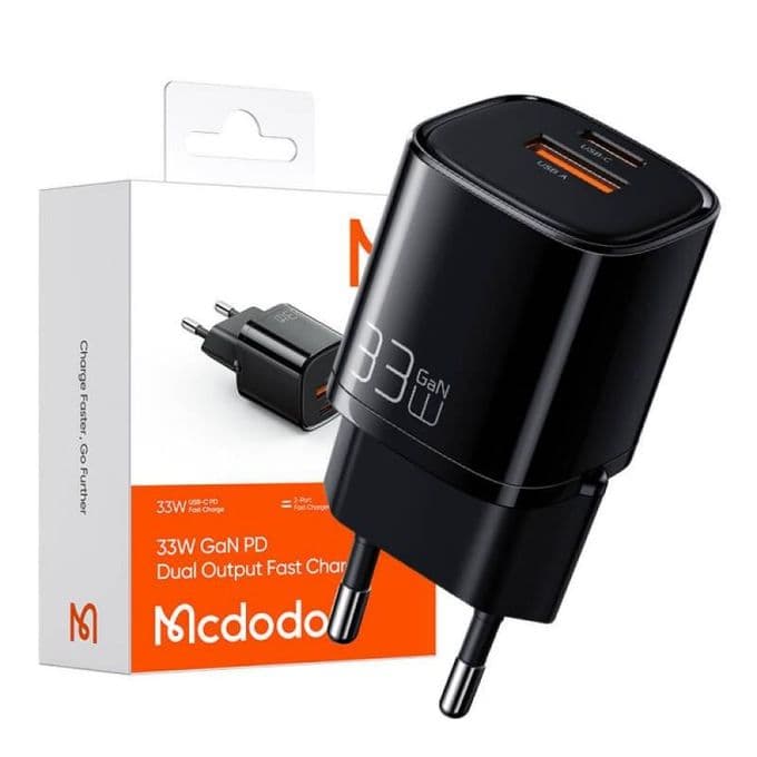 Mcdodo Wall Charger , 2 Ports Dual Ports Type C and A , 33 Watt Black - CH-0151