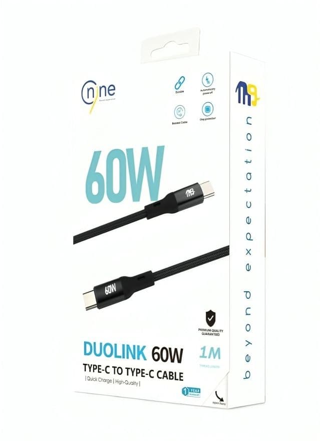 Nine Duo Link Type C Charging Cable 1 Centimeter Black