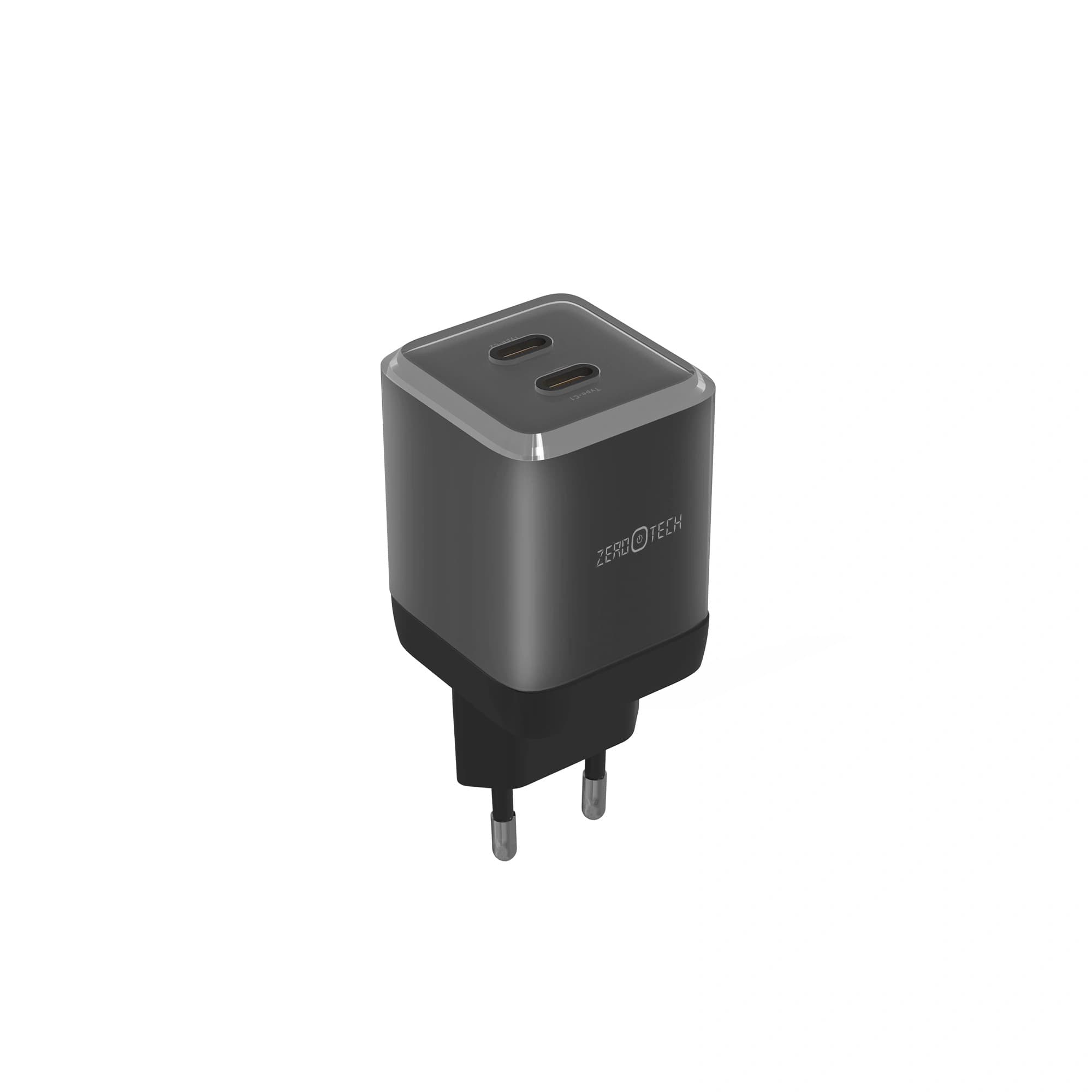 ZeroTech Wall Charger , 2 Ports Type C , 70 Watt 5 Volt Black Grey - ZA-70B