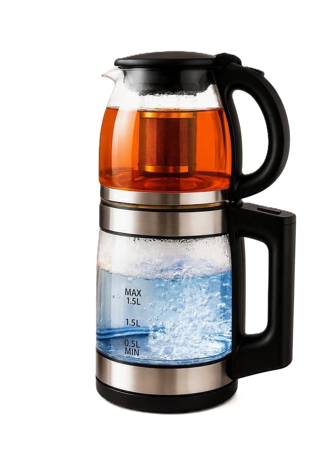 Denx 2-in-1 Glass and stainless steel Electric Kettle with Tea Maker , 1.8 Liter 1500 Watt , Black Silver - DX2015