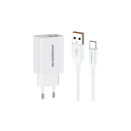 Riversong Wall Charger with Type C Cable , 2 Ports Dual Ports Type C and A , 20 Watt White - CCM2