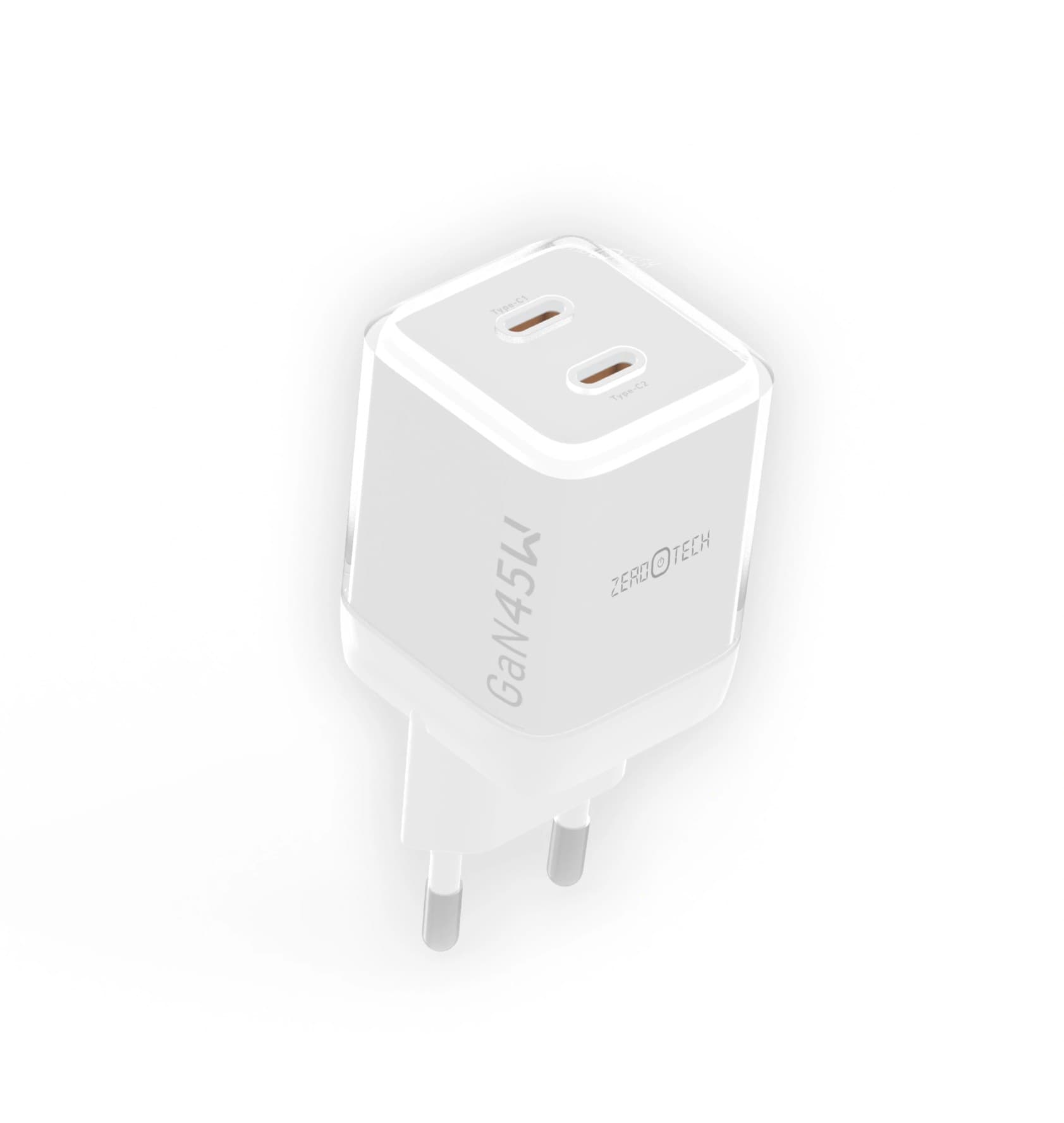 ZeroTech Crystal Wall Charger , 2 Ports Type C , 45 Watt 5 Volt White - ZA-45W