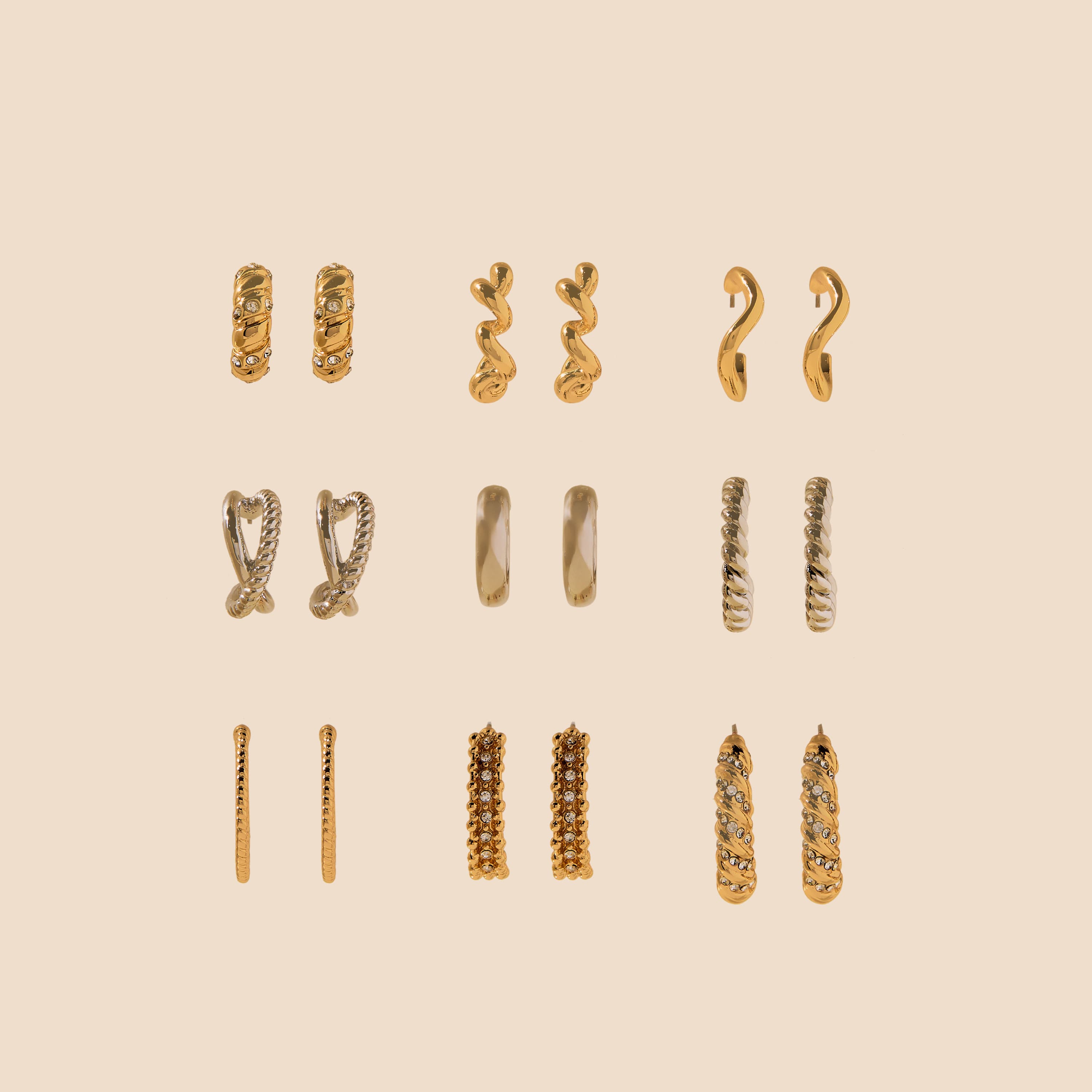 Pack of 9 - Assorted Metallic Hoop Earrings