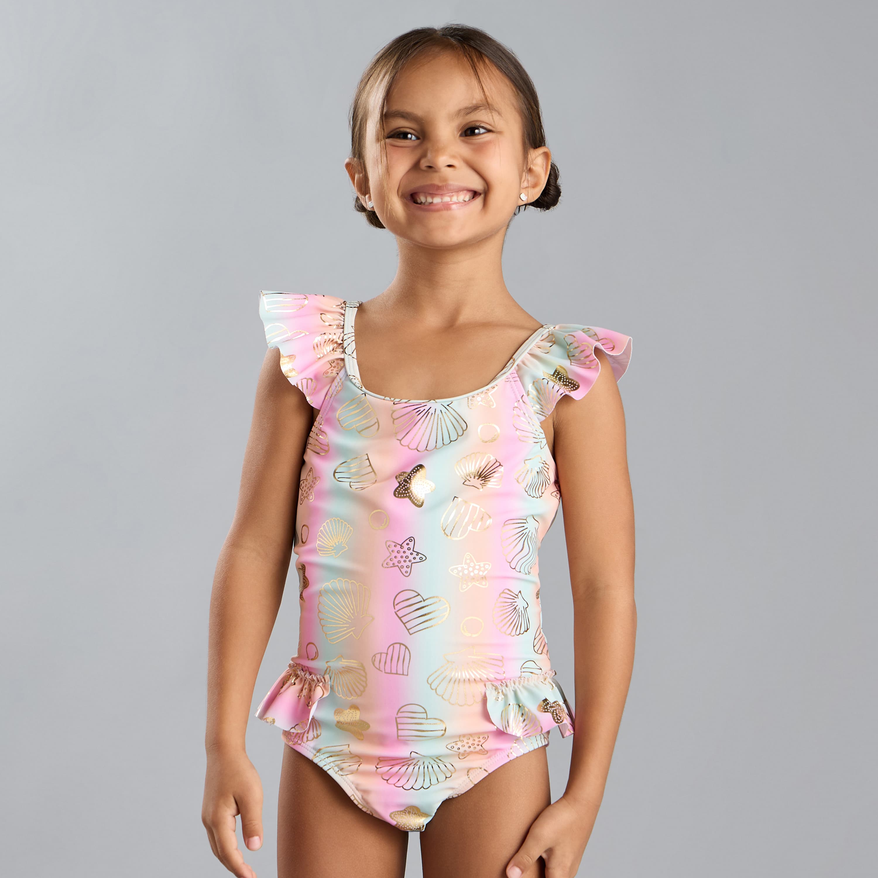 All-Over Seashell Foil Print Swimsuit with Ruffles Clothing
