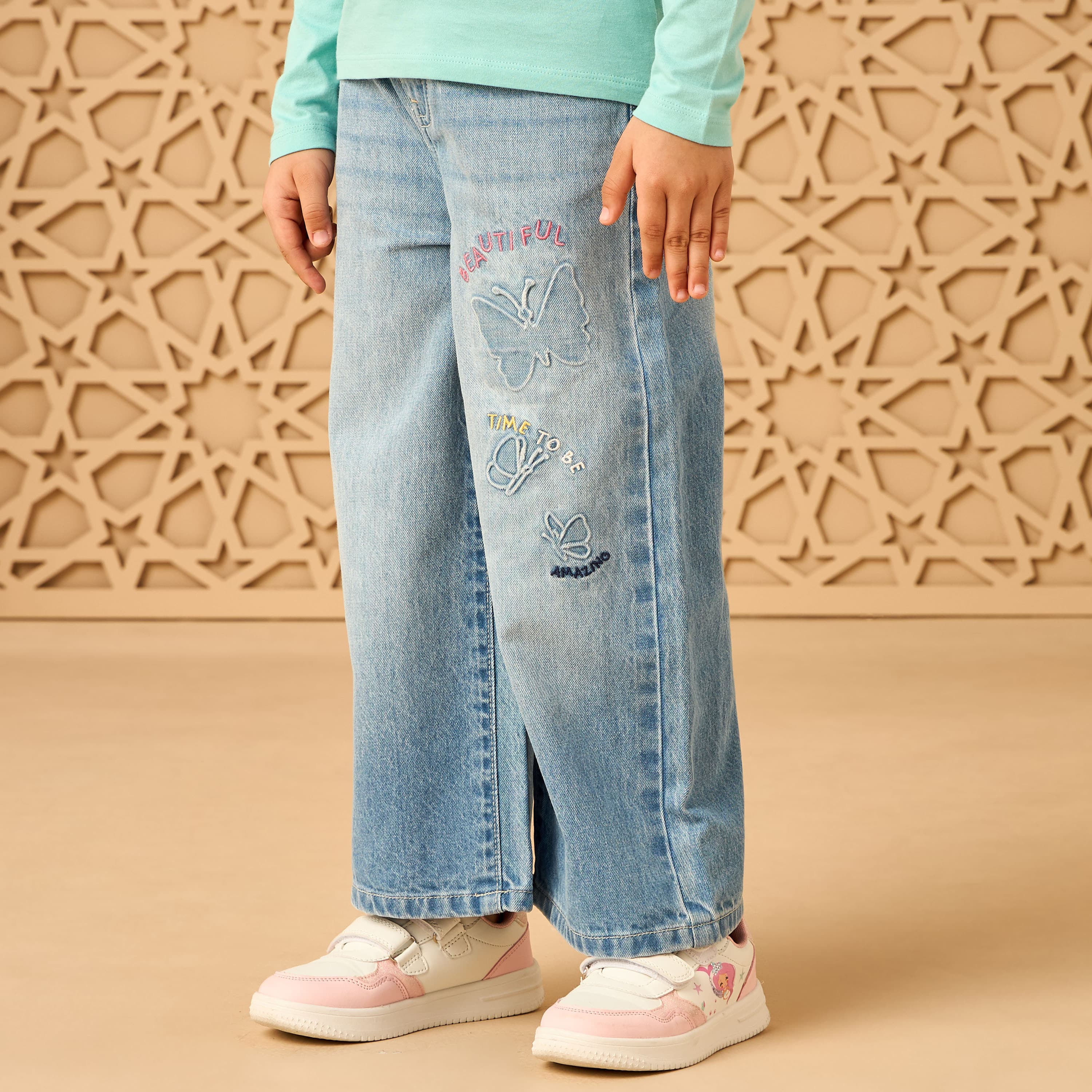 Butterfly Embossed Cotton Wide Leg Jeans Clothing