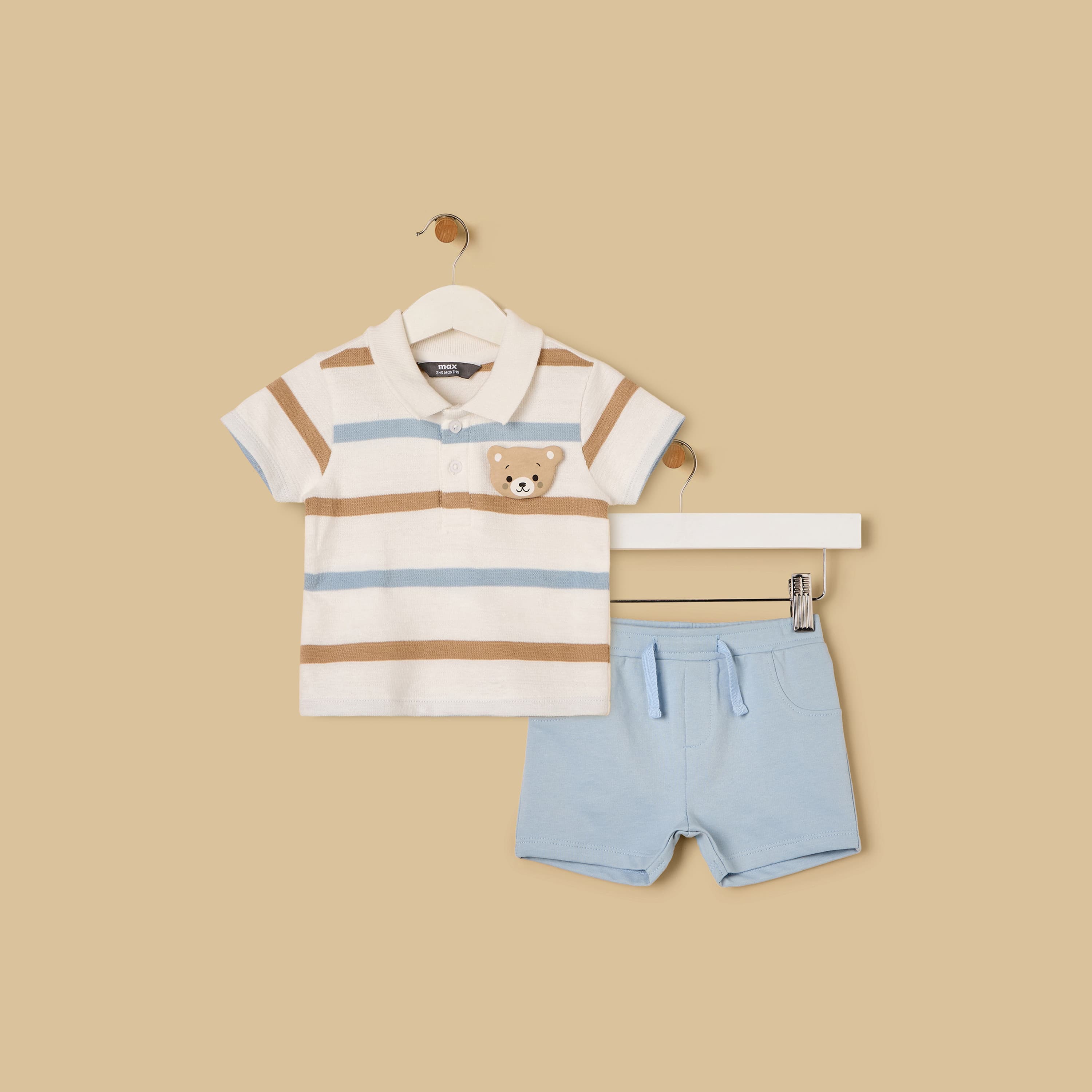 Bear Applique Striped Polo T-shirt and Shorts Set