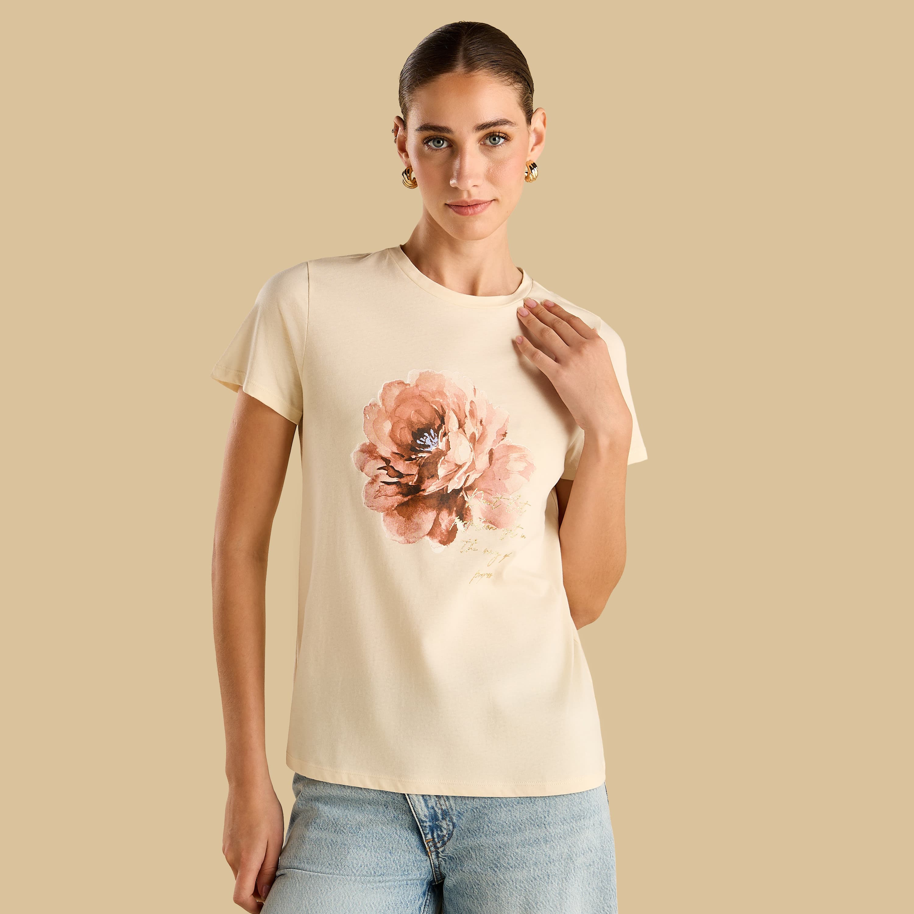 Floral Glitter Slogan Print T-shirt