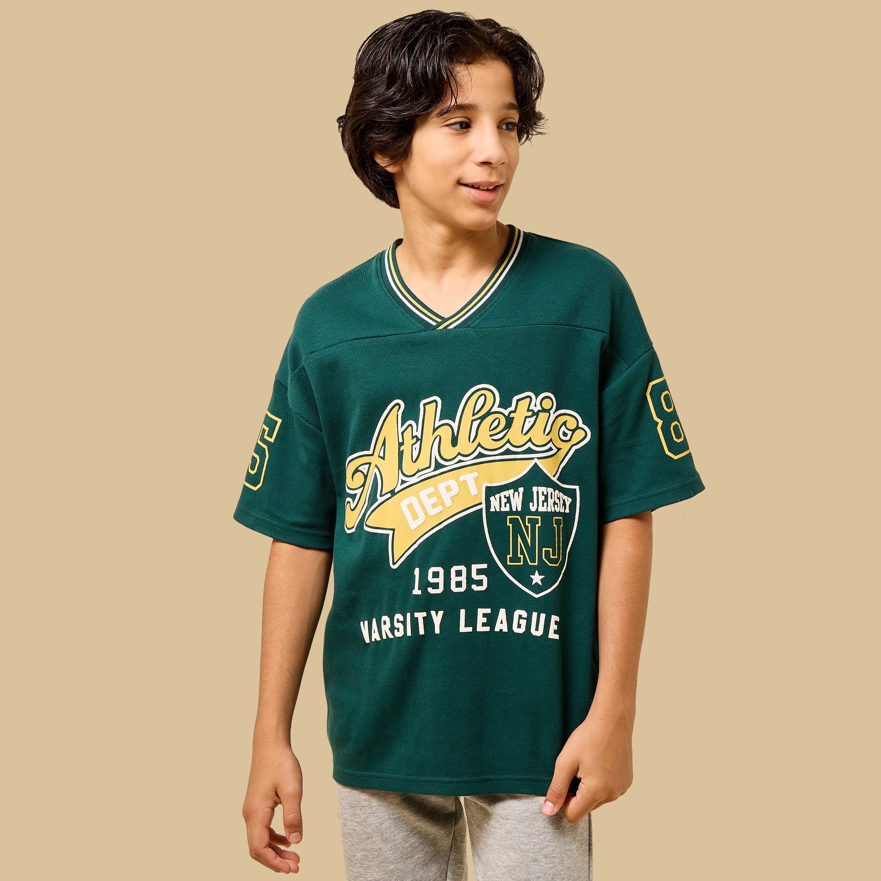 Varsity Print Cut and Sew V-neck Cotton T-shirt Tees & Shirts