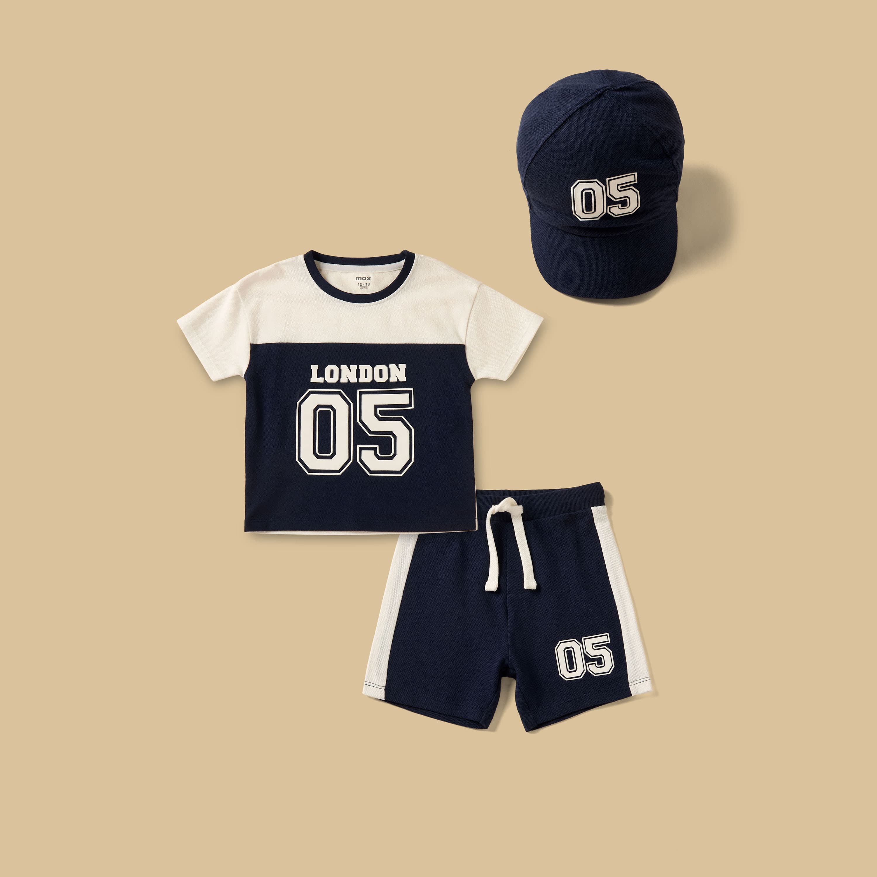 Varsity Print Pique Cotton T-shirt with Shorts and Cap Sets & Outfits