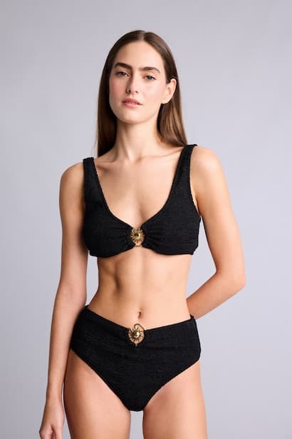 Regular Fit Crinkle Fabric Black Bikini Bottom Woman Beach Wear