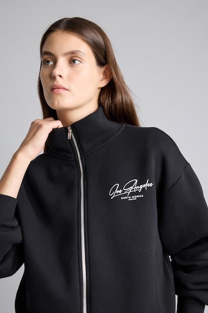 Regular Fit Half Turtleneck Slogan Thick Sweatshirt Fabric Cardigan (٤)