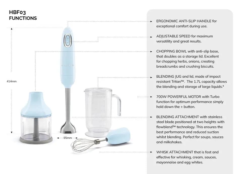 Smeg Hand Blender 700W 50’s Style with Accessories Light Blue HBF03PBUK – 8017709343842 – International Warranty (3)