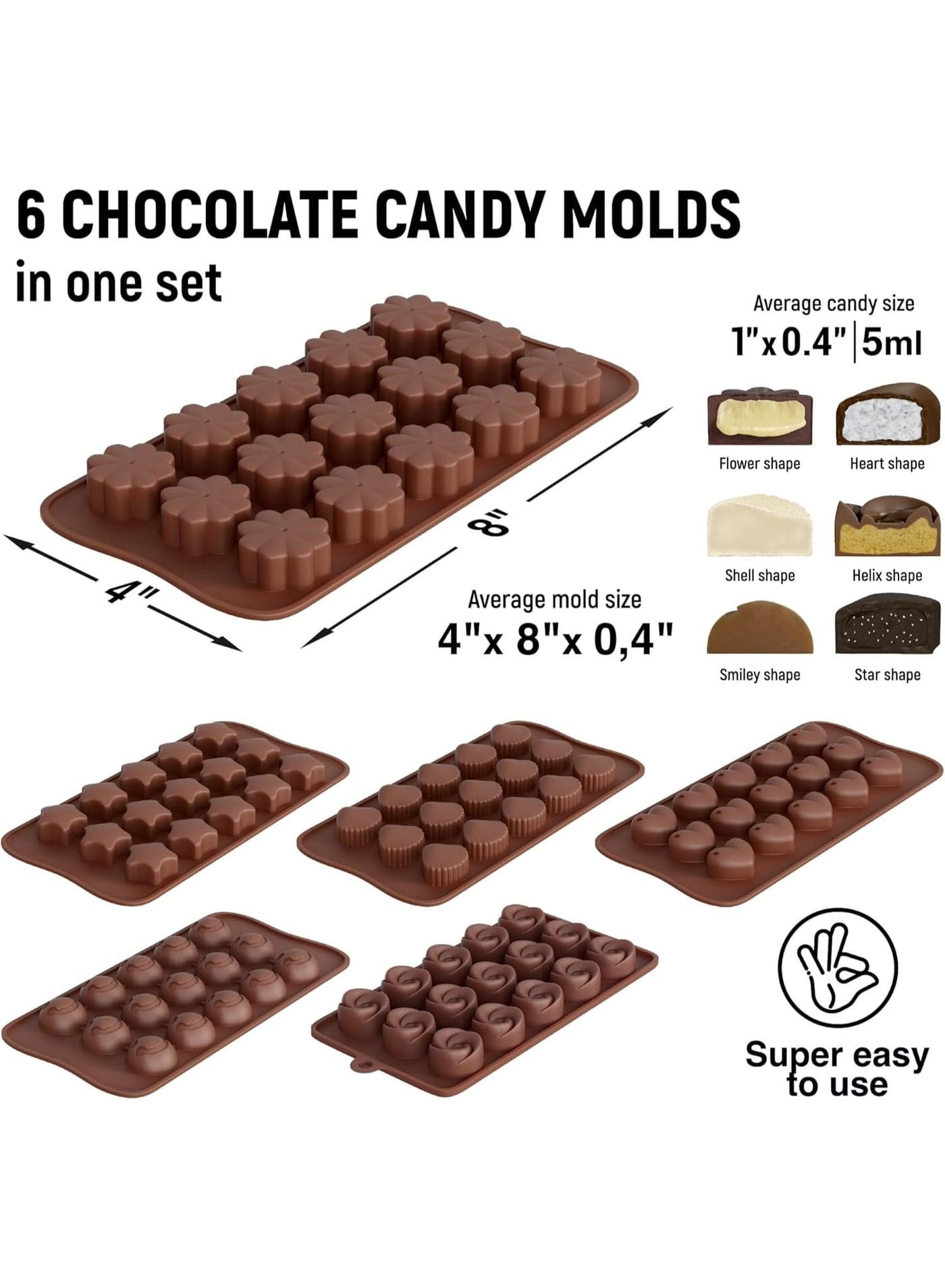 Chocolate Molds Silicone - Set of 2 Non-Stick & Food Grade Candy Molds for Chocolate, Jelly Candies, Truffles, Bath Melts & Candles - Dishwasher Safe Cooking Utensil Sets (٦)