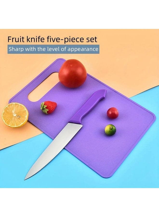Plastic cutting board with a 5-piece kitchen knife set in various sizes, and a cutting scissors with a cutting board; plastic cutting board travel essentials (٦)