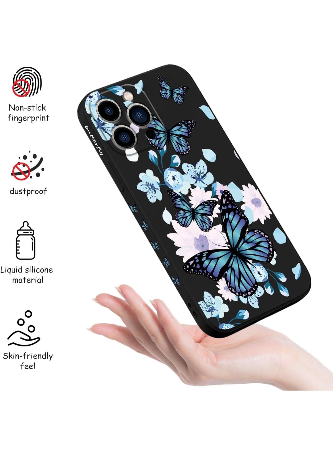 iPhone 12 Pro Case Scratch Resistant Soft Slim Fit Floral for iPhone 12 Pro cover - Aurora Butterfly Black, (٤)