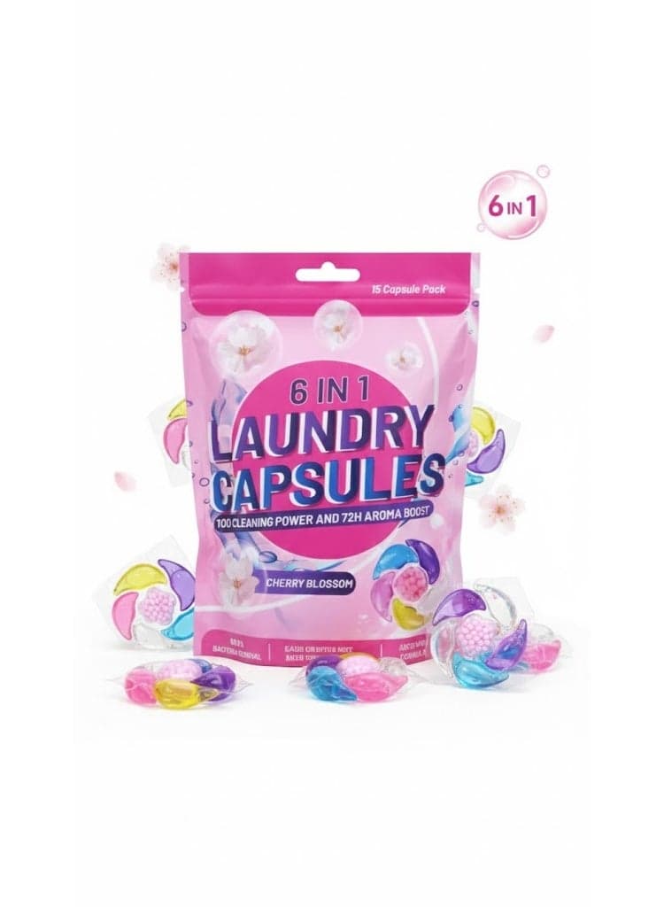 6-in-1 concentrated washing capsules clean deeply, remove bacteria and odors up to 99.9%, and leave a fresh cherry blossom scent that lasts up to 72 hours on clothes. Suitable for automatic and semi-automatic washing machines. Washing Powder (٣)