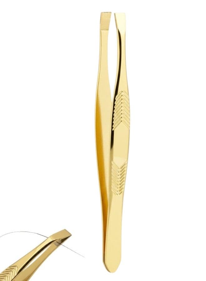 Precision Straight Tip Beauty Tweezers – Mirror Gold Finish, Anti-Slip Chevron Grip for Perfect Brow Shaping
