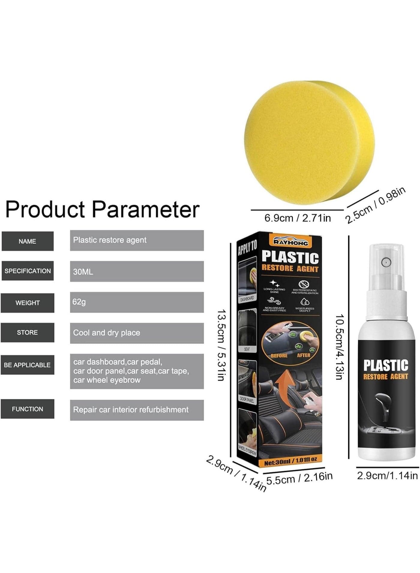Plastic, Rubber, Vinyl & Leather Restorer 30ml – Fast-Acting Car Detailing Supply with Sponge Applicator, Revives Dashboards, Seats, Bumpers & Trim Surfaces Car Polishes (٩)