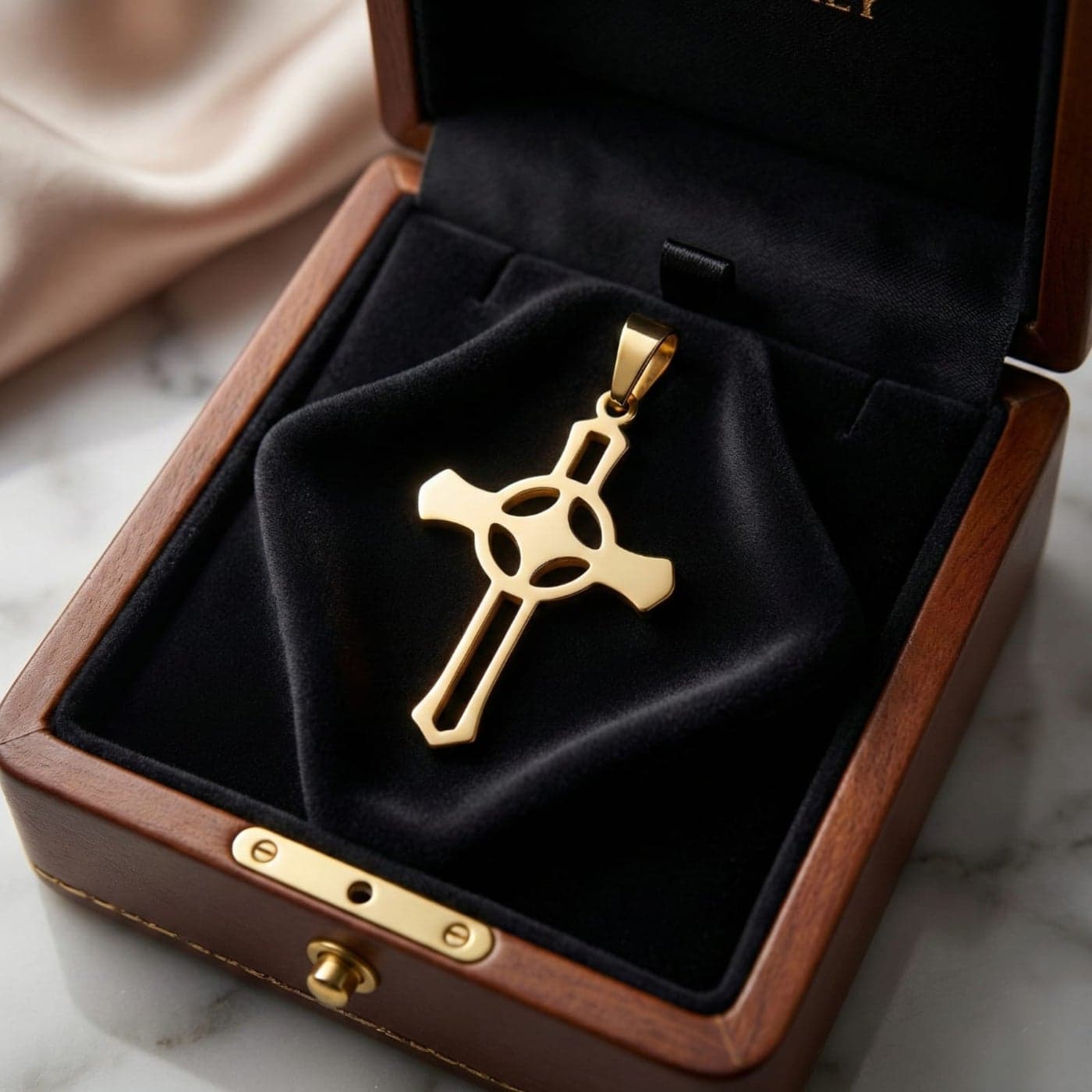 A large gold-tone cross pendant (chain not included), made of rust-resistant stainless steel, with an openwork design and a central circle. A very elegant spiritual piece. Women's Pendants (6)