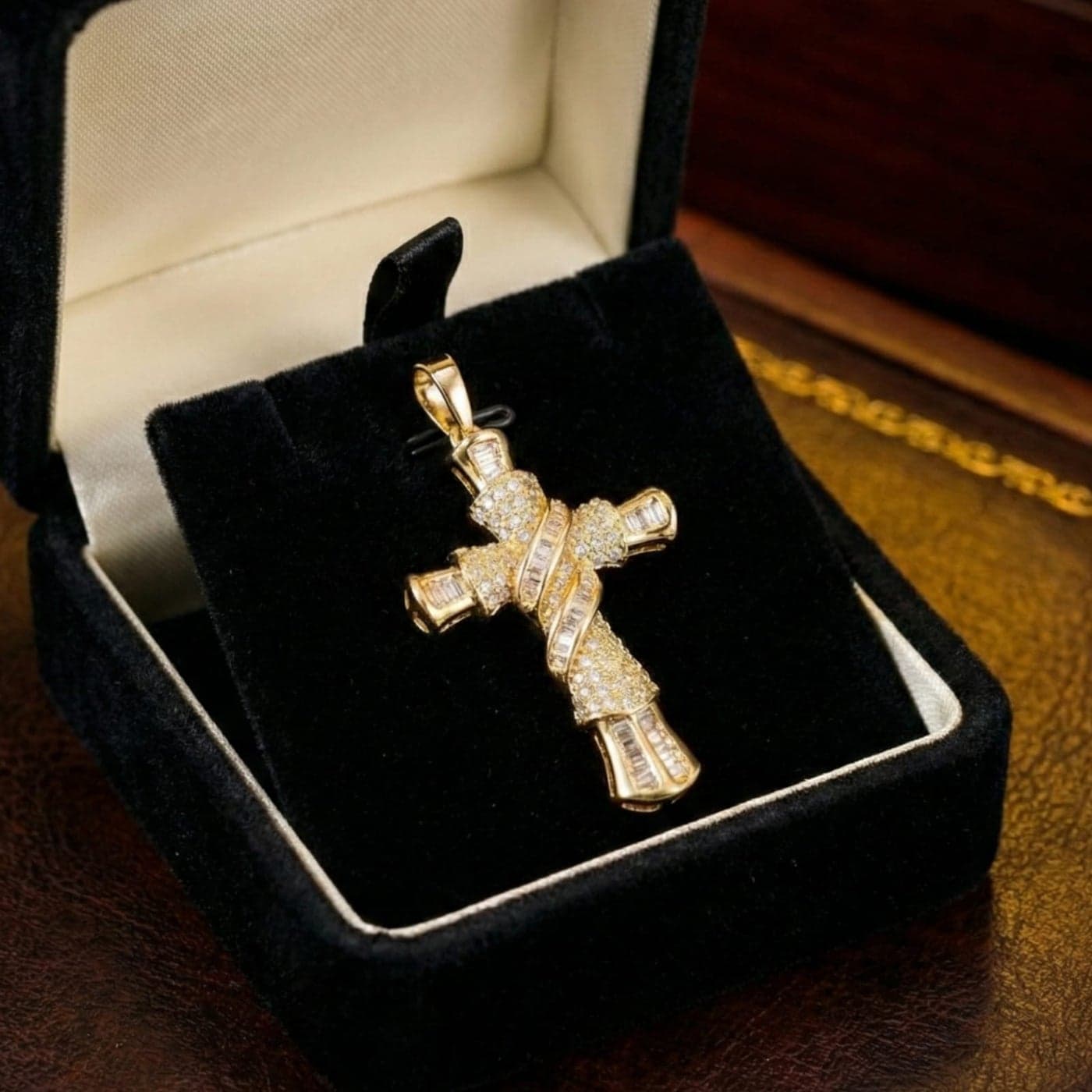 A gold-tone cross pendant (chain not included) with a unique, regal design, adorned with a captivating blend of round and rectangular silver zircon stones. A spiritual work of art that will add a touch of sparkle. Women's Necklaces (٥)