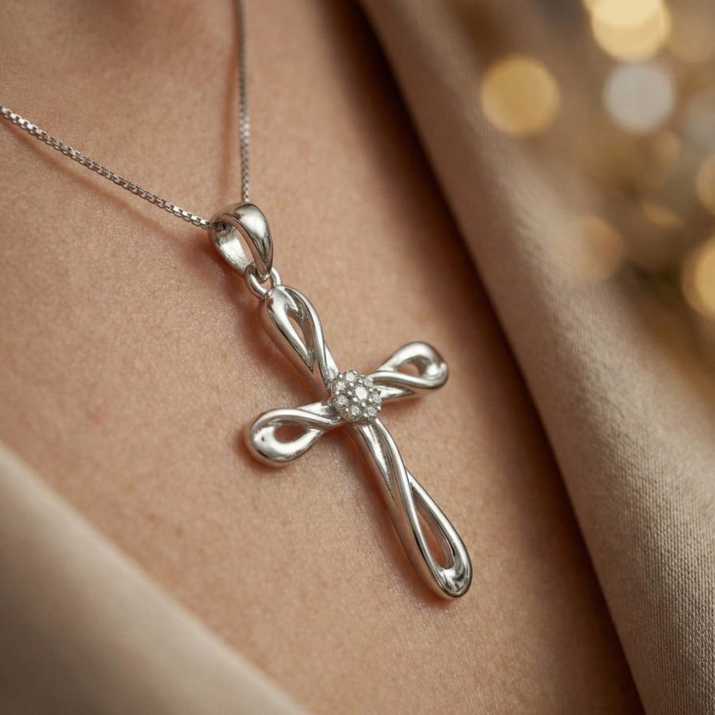A silver cross pendant (chain not included) with an interlocking infinity design, adorned with sparkling zircon stones in the center. A touch of modern elegance and refined spirituality. Women's Necklaces (5)