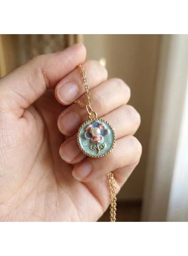 Vintage Enamel Flower Pendant Necklace – Pearl Center – Gold Chain – Artistic Soft Pastel Design Men's Necklaces (5)
