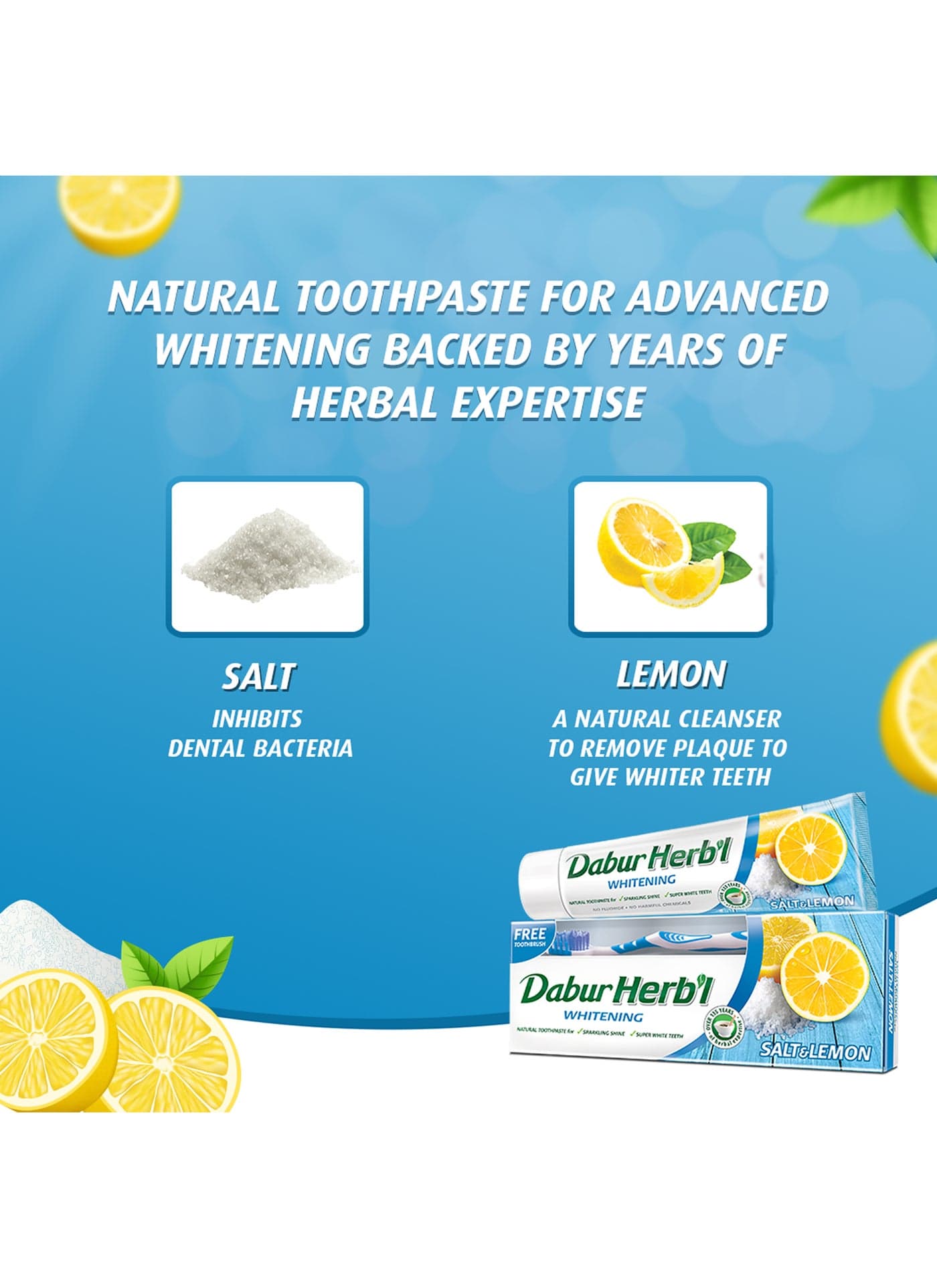 Herbal Salt & Lemon Natural Toothpaste 150 g + Toothbrush | For Whitening | Sparkling Shine | No Harmful Chemicals Multicolour 150grams (٣)