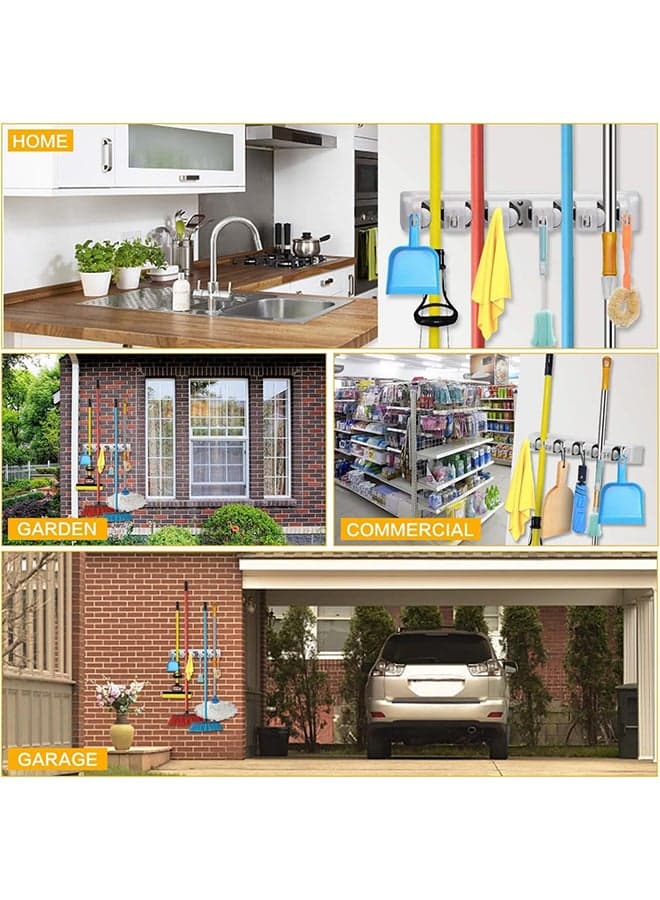 Mop And Broom Holder, Wall Mounted Organizer Mop And Broom Saving Space Storage Rack For Kitchen Garden And Garage,Laundry Offices,5 Position With 6 Hooks Multicolour Wet Mops (١٢)