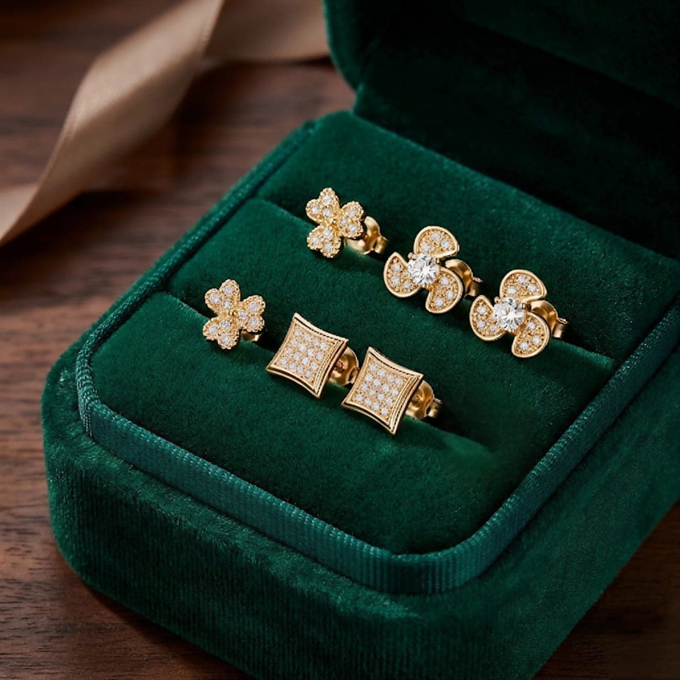 A set of 3 pairs of screw earrings in rose, butterfly, and diamond designs, adorned with sparkling cubic zirconia stones. They are very delicate, offering versatility and irresistible elegance. (7)