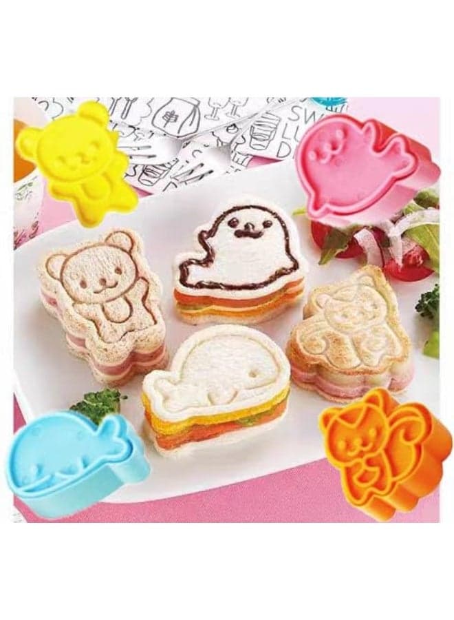 4-Piece Animal Sandwich Cutter and Embossing Stamp Set with Bear, Squirrel, Whale and Seal Designs, Colorful Food Cutters for Bread, Cookies, Pastry, Rice, Bento Lunches, Kids Meals and Lunch Boxes Kitchen Cutters (5)