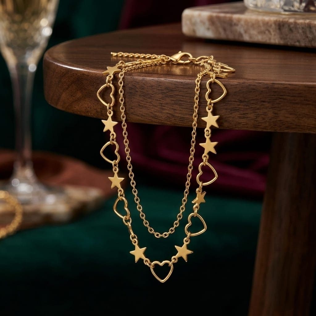 A luxurious anklet in an elegant gold color, featuring a two-layer design that combines a smooth chain with another decorated with stars and hearts for an attractive look, with an adjustable clasp to suit you. (5)