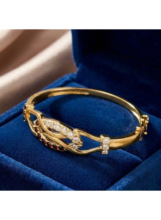 A gold bracelet with a side clasp, featuring a flowing "leaf" design, studded with sparkling zircon stones and elegant brown stones that give your wrist a wonderful look. Women's Bracelets & Bangles (3)
