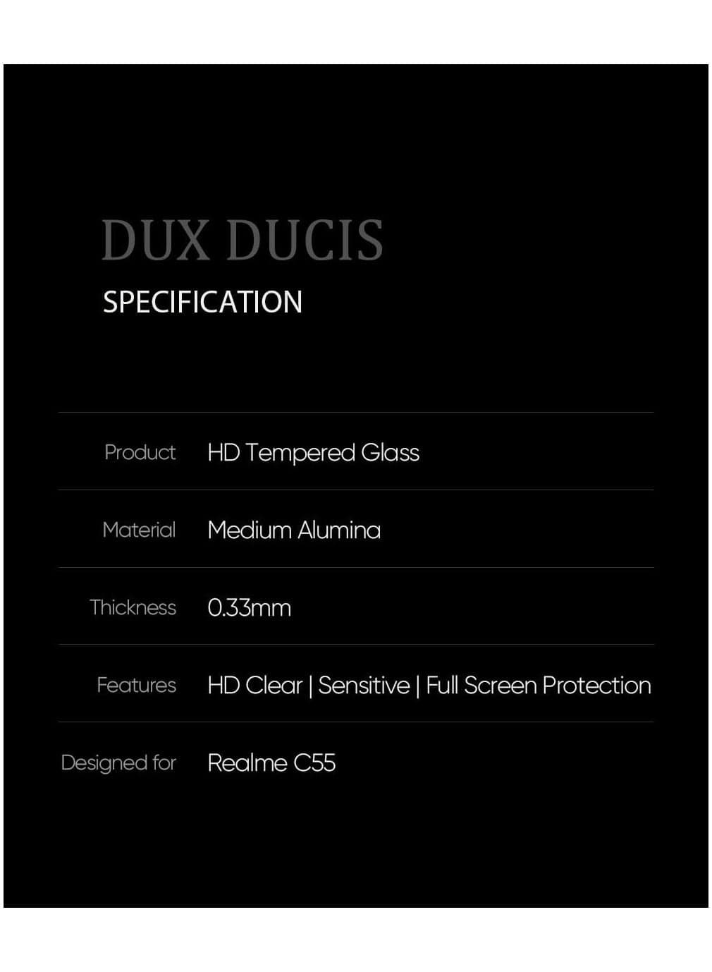 DUX DUCIS 9D Tempered Glass Screen Protector, Designed for Realme C55, Medium Alumina Glass Film Full Glue HD Clear Phone Screen Protector - Black (1-Pack) Mobile Screen Protectors (8)
