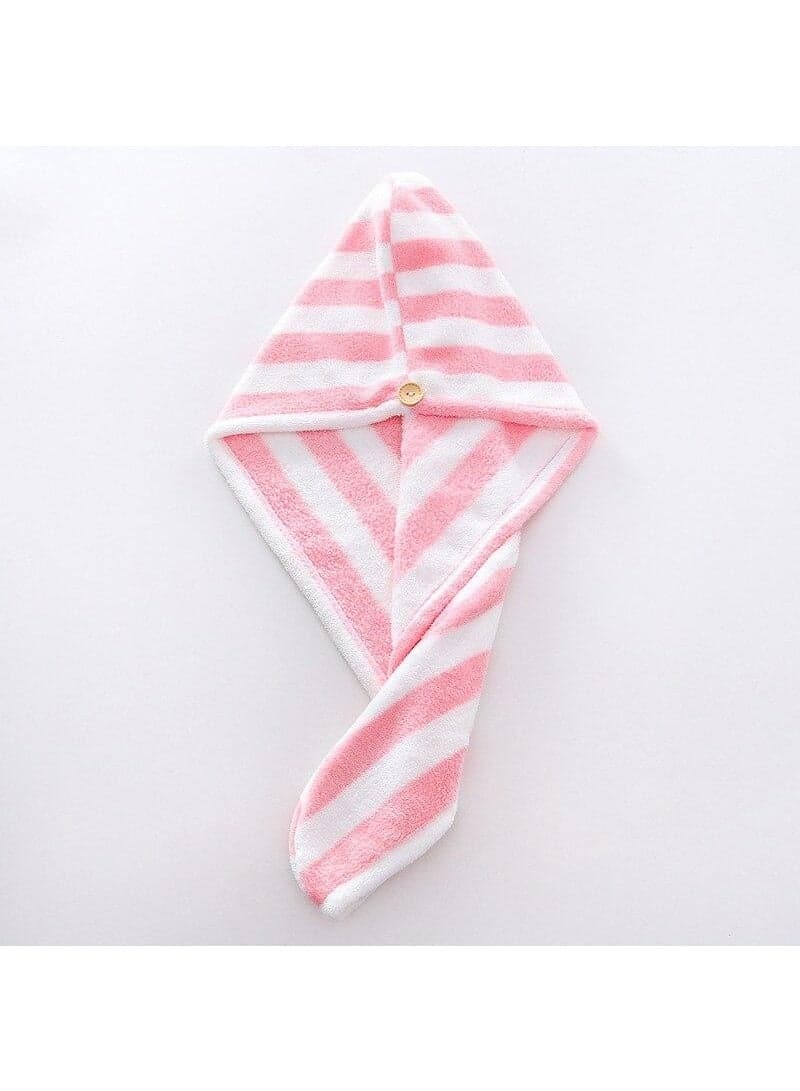 White and Pink Striped Microfiber Hair Drying Towel Wrap, Highly Absorbent Hair Turban for Quick Drying After Shower, Lightweight with Button Closure, Suitable for Daily Use (9)